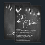 Laten we Edison Lights Chalkboard Ontvangst Vieren Kaart<br><div class="desc">Deze elegante maar rustieke uitnodigingskaart voor het huwelijksfeest heeft een grafische textuur op een schoolbord als achtergrond met daaroverheen gelegde afbeeldingen die reeksen vintage Edison-peertjes in grijstinten voorstellen. Ik heb een uitgewerkt modern script-font gebruikt om grafische elementen weer te geven met de woorden "Let's Celebrate" op de voorkant en "love"...</div>