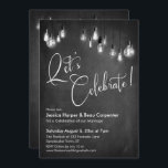 Laten we Edison Lights Chalkboard Reception vieren Kaart<br><div class="desc">Deze elegante maar rustige trouwreceptiekaart kenmerkt een getextureerd krijt achtergrond grafische beklede afbeeldingen die koorden van grayscale lichten Edison tonen. Ik heb een uitgewerkte, moderne manuscriptdoopvont gebruikt om grafiek terug te geven die de woorden "Laten vieren"op de voorzijde en "liefde"op de rug afschilderen. Uw eigen tekst wordt eenvoudig toegevoegd om...</div>