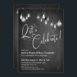 Laten we Edison Lights Chalkboard Reception vieren Kaart<br><div class="desc">Deze elegante maar rustige trouwreceptiekaart kenmerkt een getextureerd krijt achtergrond grafische beklede afbeeldingen die koorden van grayscale lichten Edison tonen. Ik heb een uitgewerkte, moderne manuscriptdoopvont gebruikt om grafiek terug te geven die de woorden "Laten vieren"op de voorzijde en "liefde"op de rug afschilderen. Uw eigen tekst wordt eenvoudig toegevoegd om...</div>