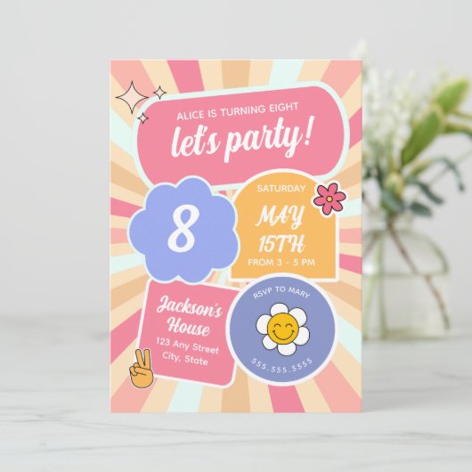 Laten we een feestje retro groovy roze meisje verj kaart (Staand voorkant)