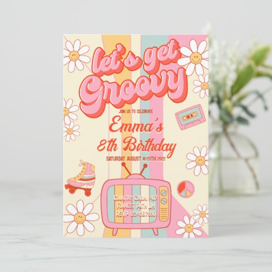 Laten we een groovy verjaardagsuitnodiging krijgen kaart (Staand voorkant)