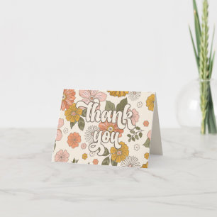 Laten we een groovy vintage bloemenmeisjesfeestje bedankkaart