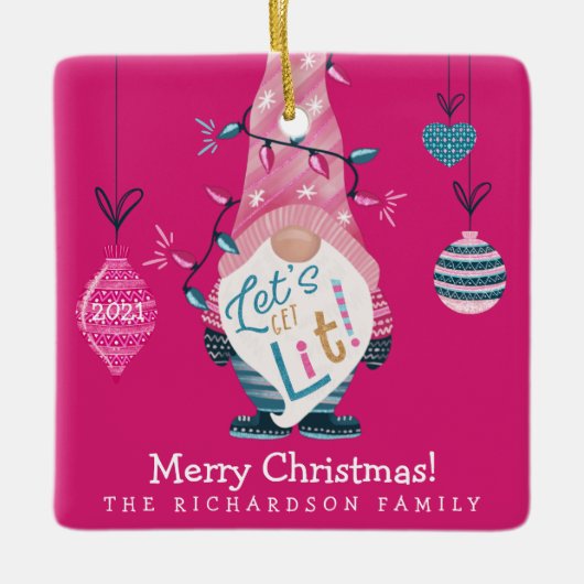 Laten we een lichte, heldere kerstakelverlichting keramisch ornament (Voorkant)