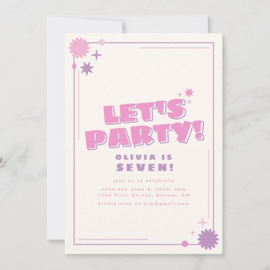 Laten we een roze en Paarse verjaardag uitnodigen Kaart (Voorkant)