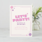 Laten we een roze en Paarse verjaardag uitnodigen Kaart (Staand voorkant)