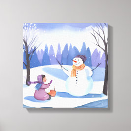 Laten we een Sneeuwpop Bouwen | Watercolor Winter  Canvas Afdruk