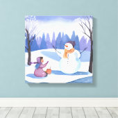 Laten we een sneeuwpop bouwen | Waterverf Wintersc Canvas Afdruk (Insitu (Houten vloer))