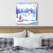 Laten we een sneeuwpop bouwen | Waterverf Wintersc Canvas Afdruk (Insitu (Slaapkamer))