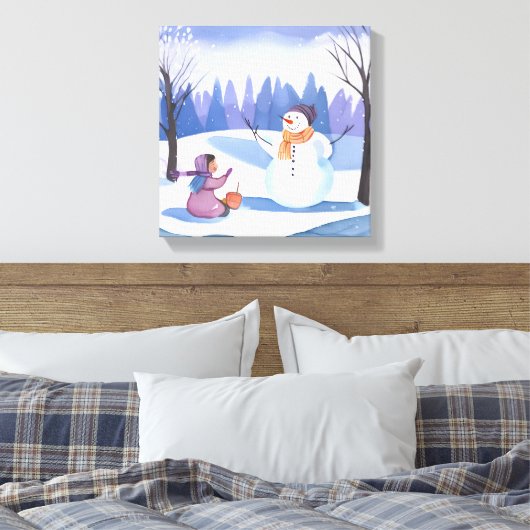Laten we een sneeuwpop bouwen | Waterverf Wintersc Canvas Afdruk (Insitu (Slaapkamer))