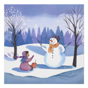 Laten we een sneeuwpop bouwen   Waterverf Wintersc Perfect Poster