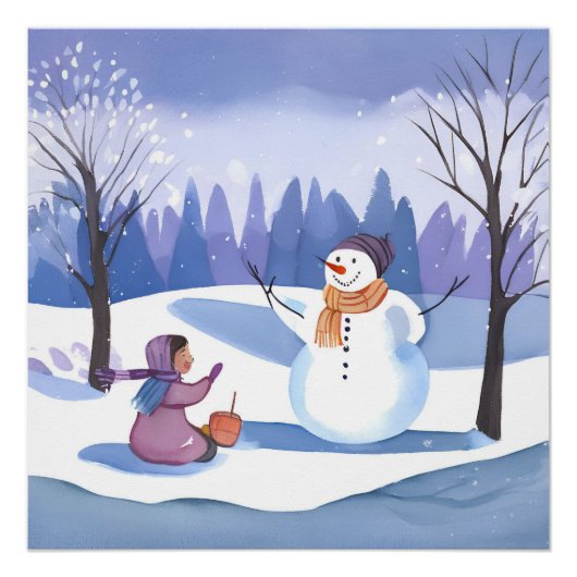 Laten we een sneeuwpop bouwen | Waterverf Wintersc Perfect Poster (Voorkant)