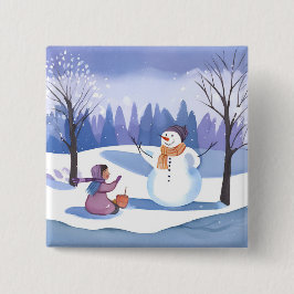 Laten we een sneeuwpop bouwen | Waterverf Wintersc Vierkante Button 5,1 Cm