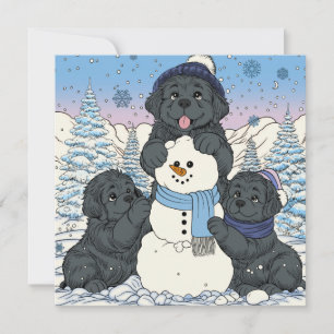 Laten we een sneeuwpop maken Newfoundlandse puppy Feestdagenkaart