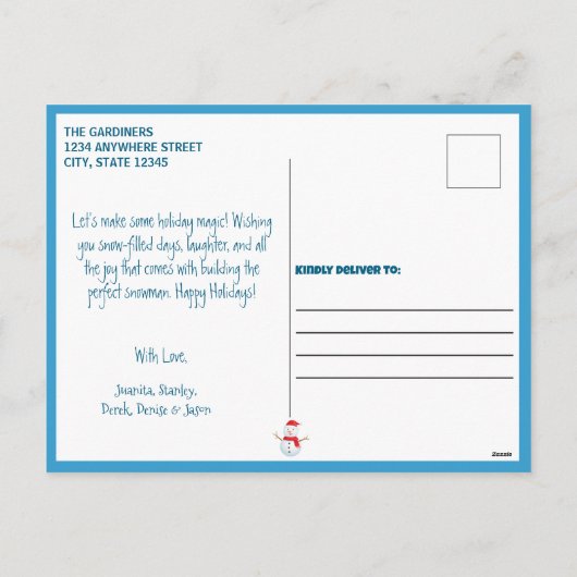 Laten we een sneeuwpop Schattige maken Feestdagenkaart (Achterkant)