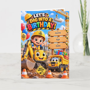 Laten we een verjaardag uitgraven! Bouwtrucks Kid Kaart