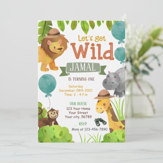 Laten we een wilde safari verjaardag uitnodiging,  kaart (Staand voorkant)