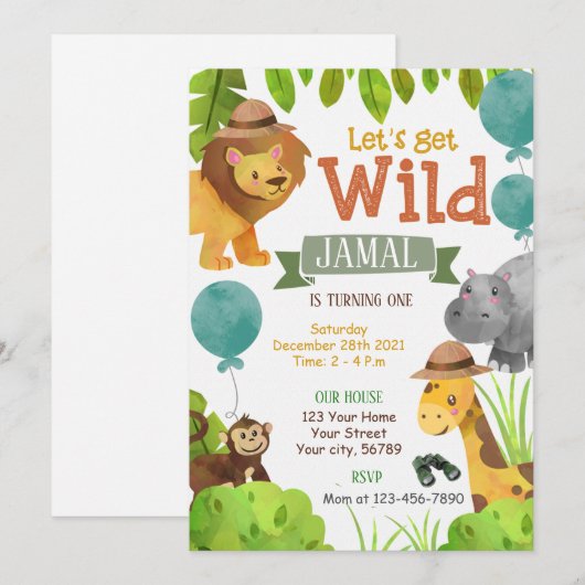 Laten we een wilde safari verjaardag uitnodiging, kaart (Voorkant / Achterkant)