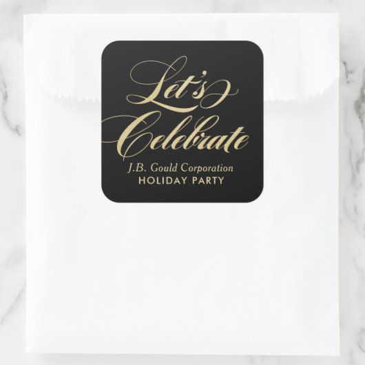Laten we Elegant Gold Script Holiday Party vieren Vierkante Sticker (Tas)