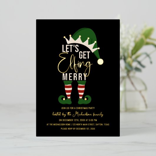 Laten we Elfing Merry Elf kerstgoud halen Folie Feestdagenkaart (Staand Voorkant)