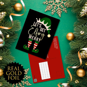 Laten we Elfing Merry Elf met kerstfeest Gold Foil Folie Feestdagen Briefkaart