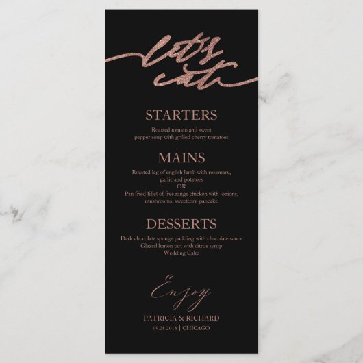 Laten we eten chique script bruiloft menu Kaart vo (Voorkant)