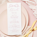 Laten we eten Elegant Roze Hand getrokken boog bru Menu<br><div class="desc">Elegant let's eat bruiloft menu beschikt over hand getekende lintboog met moderne handgeschreven script lettertypen in zacht blush roze. zoet en eenvoudig. Geweldig voor moderne romantische bruiloft,  unieke leuke grillige bruiloft,  elegante casual bruiloft. Bekijk alle bijpassende stukken in het collectie.</div>