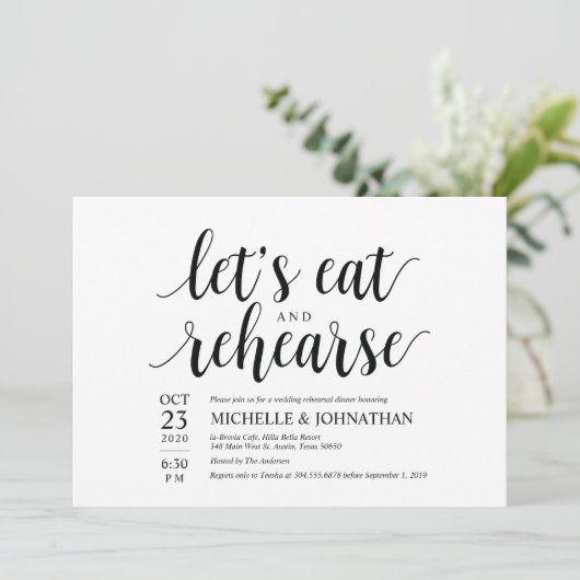 Laten we eten en repeteren, huwelijksdiner nodigt  kaart (Staand voorkant)