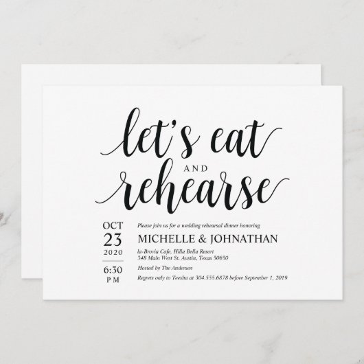 Laten we eten en repeteren, huwelijksdiner nodigt  kaart (Voorkant / Achterkant)