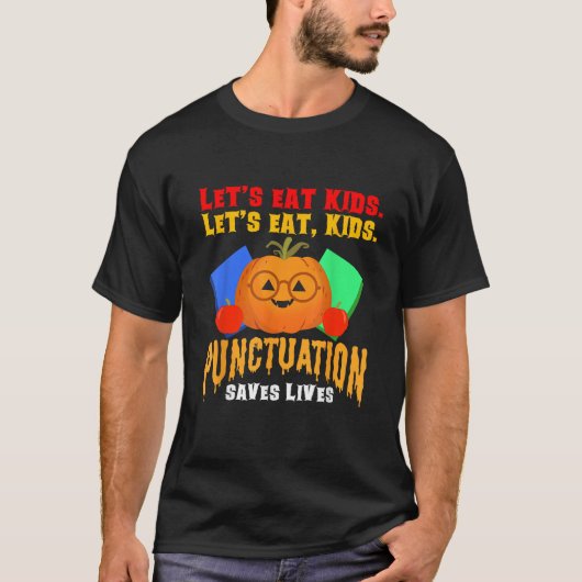 Laten we eten Kinder interpunctie Grappige Grammat T-shirt (Voorkant)