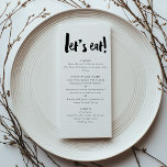 Laten we eten moderne gedurfde borstel belettering menu<br><div class="desc">Voeg een vleugje stijl toe aan uw huwelijksreceptie of een feest met ons Let's Eat Modern Bold Brush Lettering Menu. Met gedurfde borstelbelettering en een strak, minimalistisch ontwerp is dit menu perfect voor koppels, verjaardagsfeestjes of iedereen die een moderne flair aan hun evenement wil toevoegen. Volledig aanpasbaar, het is ideaal...</div>