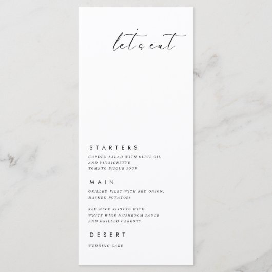 Laten we eten moderne minimalistische bruiloft men menu (Voorkant)