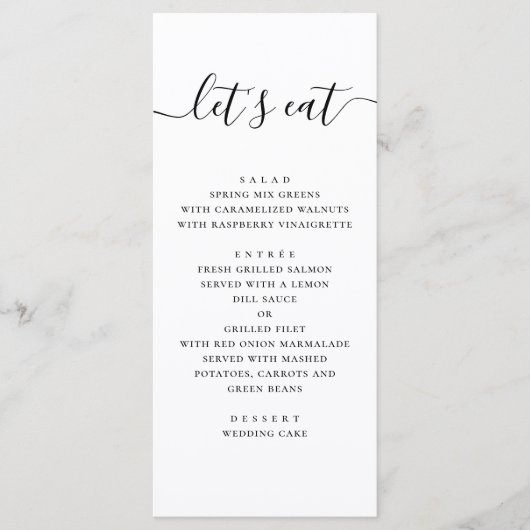 Laten we eten. Zwart-wit, eenvoudig script bruilof Menu (Voorkant)