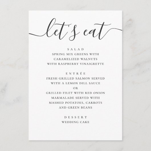 Laten we eten. Zwart-wit modern trouwscript Menu (Voorkant)