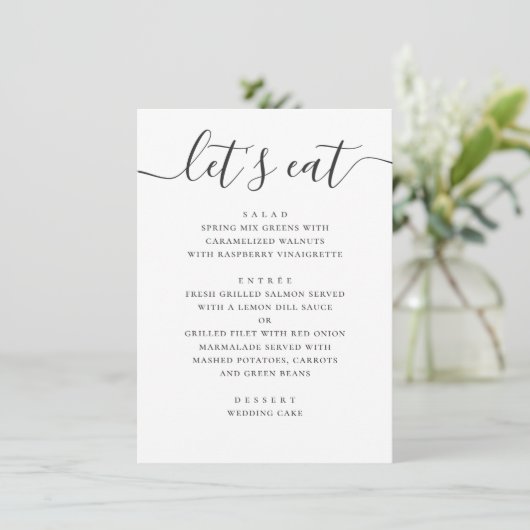 Laten we eten. Zwart-wit modern trouwscript Menu (Staand voorkant)
