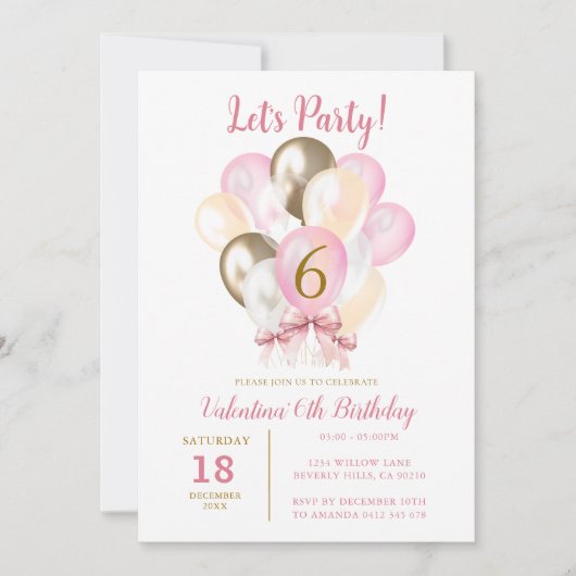 Laten we feest 6e meisje verjaardag roze gouden ba kaart (Voorkant)