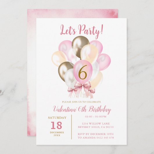 Laten we feest 6e meisje verjaardag roze gouden ba kaart (Voorkant / Achterkant)