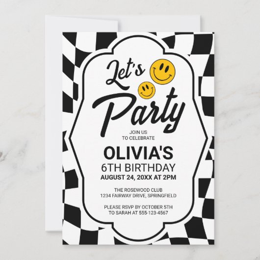 Laten we feest glimlach gezicht retro geruite verj kaart (Voorkant)