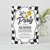 Laten we feest glimlach gezicht retro geruite verj kaart (Staand voorkant)