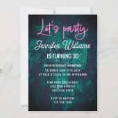 Laten we feest met hete roze neon script gebladert kaart (Voorkant)