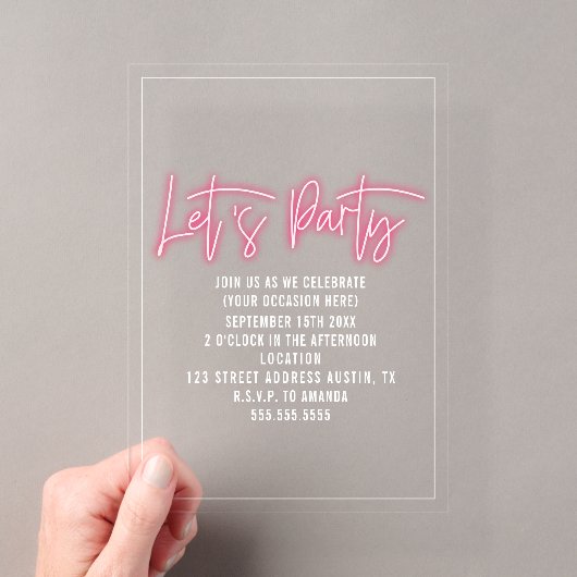 Laten we feest Neon Script Algemeen Elke gelegenhe Acryl Uitnodigingen (Insitu (Draagbaar))