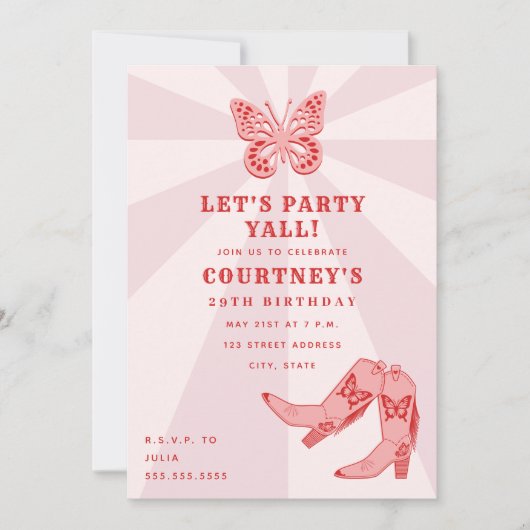 Laten we feest roze cowgirl laarzen vlinder verjaa kaart (Voorkant)