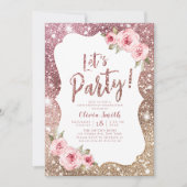 Laten we feest sparkle roos gouden glitter en bloe kaart (Voorkant)