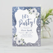 Laten we feest sprankelende blauwe glitter en bloe kaart (Staand voorkant)