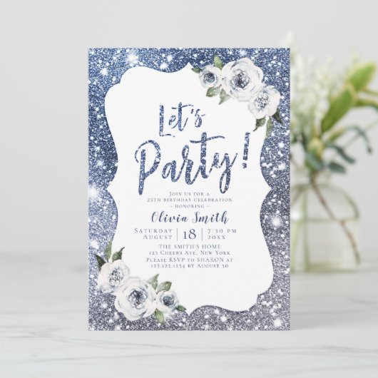 Laten we feest sprankelende blauwe glitter en bloe kaart (Staand voorkant)