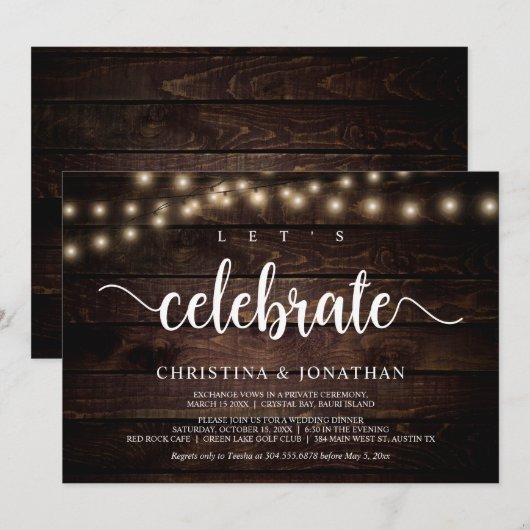 Laten we feest vieren, Rustic Wedding Elopement Kaart (Voorkant / Achterkant)