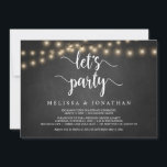 Laten we feest vieren, Rustic Wedding Elopement Pa Kaart<br><div class="desc">Laten we feest vieren,  Trouw Elopement Aankondiging / Uitnodigingskaart,  in Rustic boerderij krijtbord,  String Lights ontwerp. Dit is perfect voor je trouwreceptie en na-trouw feest. Voeg je details toe in overeenkomende lettertype / lettering.
#TeeshaDerrick</div>