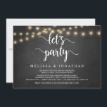 Laten we feest vieren, Rustic Wedding Elopement Pa Kaart<br><div class="desc">Laten we feest vieren,  Trouw Elopement Aankondiging / Uitnodigingskaart,  in Rustic boerderij krijtbord,  String Lights ontwerp. Dit is perfect voor je trouwreceptie en na-trouw feest. Voeg je details toe in overeenkomende lettertype / lettering.
#TeeshaDerrick</div>