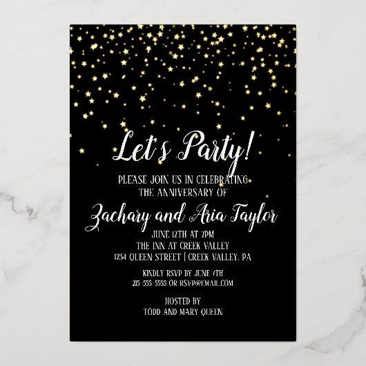 Laten we feestelijke Confetti houden | Zwart Jubil Folie Uitnodiging (Voorkant)