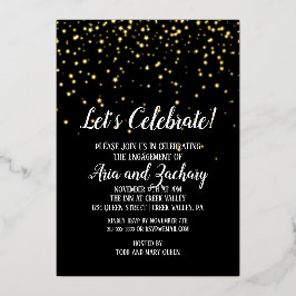 Laten we Feestelijke Confetti op Zwart Verlovingsg Folie Uitnodiging