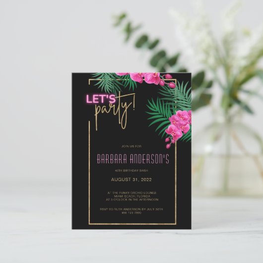 Laten we feestelijke zwarte gouden neon tropische  briefkaart (Staand voorkant)